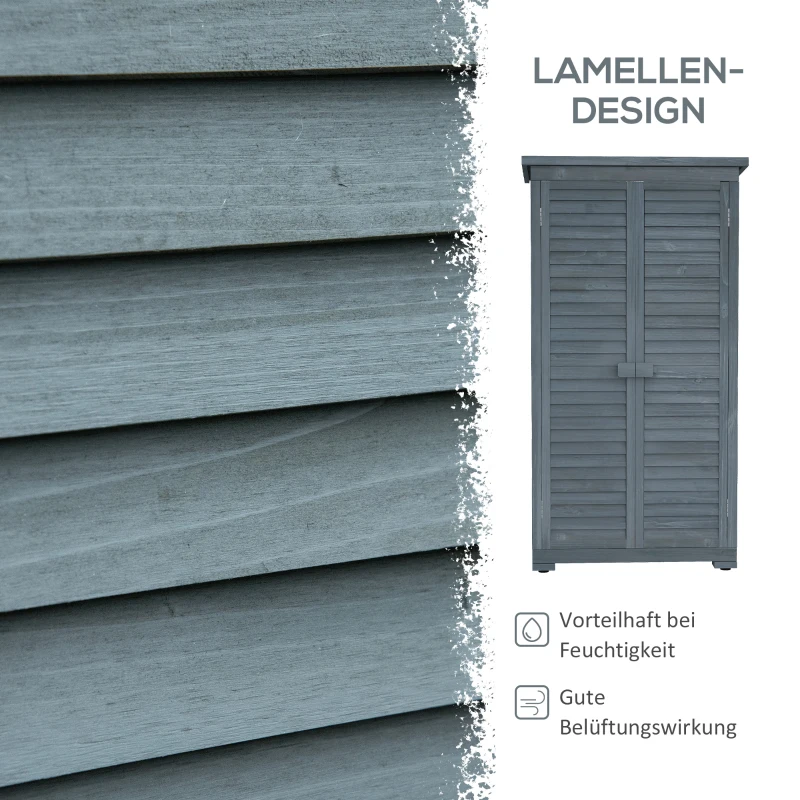 Outsunny Gartenschrank Holz Gerätehaus Geräteschuppen Geräteschrank Holzhütte Pultdach Bitumenpappe Lamellentüren Grau 87 x 46,5 x 160 cm
