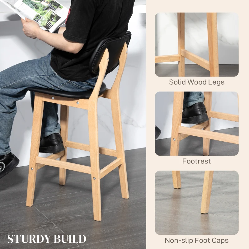 HOMCOM Set 2 Taburete cu Spătar și Tapițerie din Piele Artificială, Taburete Înalte din Lemn, 42x47x92 cm, Natural și Negru