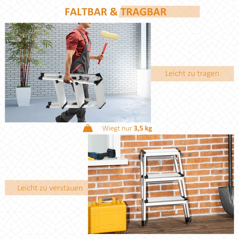 DURHAND Trittleiter Klapptritt, klappbar, breite Sprossen, rutschfest, Leichtbau, Aluminium+Stahl, 44 x 62,5 x 60,5cm