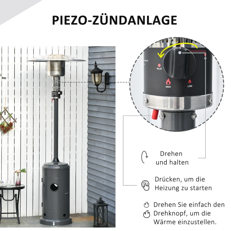Outsunny Heizstrahler Terrassenheizer mit Drehknopf Rädern Terrassenstrahler mit automatischer Sicherheitsabschaltung rollbar Gas 12,5KW schirmförmig Metall rostfreier Stahl Kohlegrau Ø81,5 x 225 cm