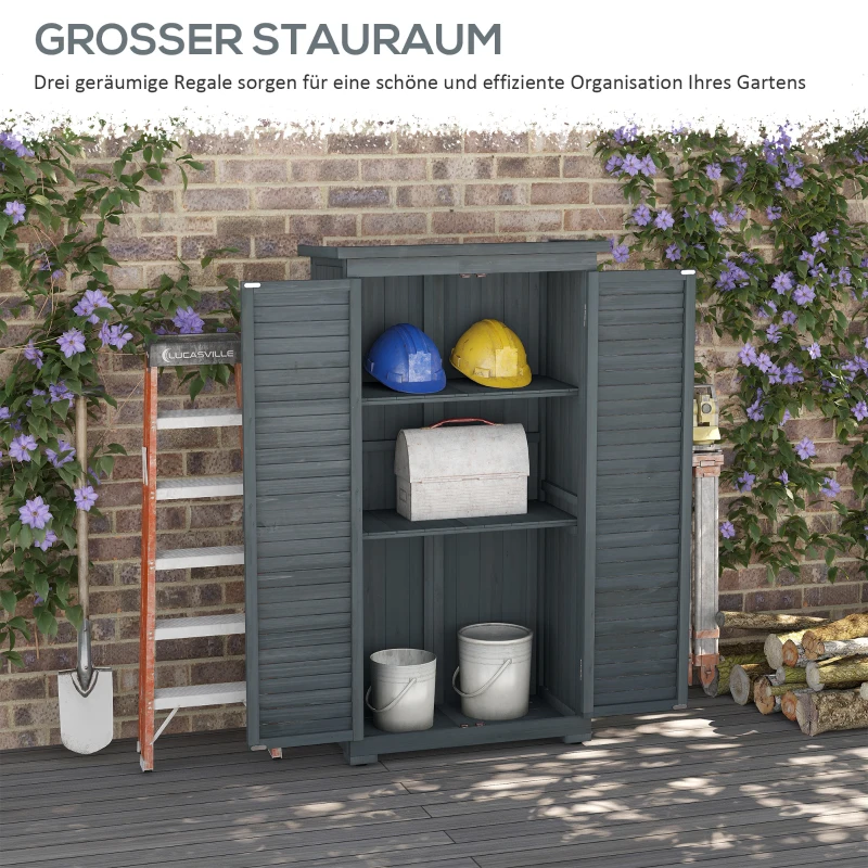 Outsunny Gartenschrank Holz Gerätehaus Geräteschuppen Geräteschrank Holzhütte Pultdach Bitumenpappe Lamellentüren Grau 87 x 46,5 x 160 cm