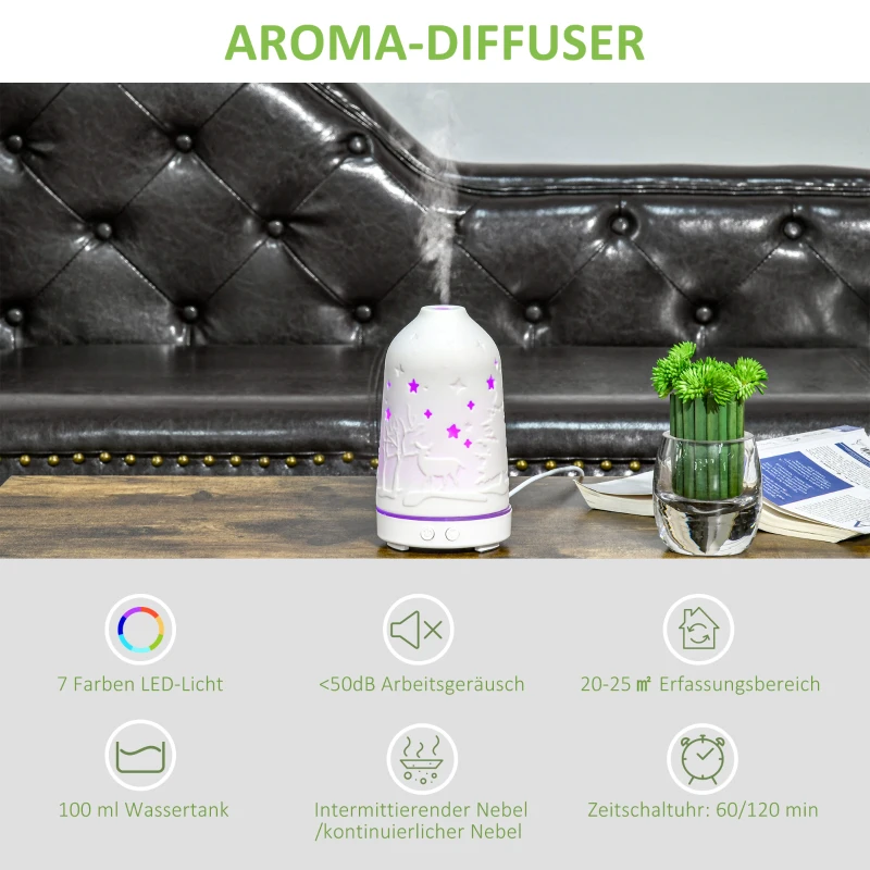 HOMCOM Elektrische Aroma-Diffusor für ätherische Öle 7 Farben LED 2 Sprühnebel-Modi automatische Abschaltung Keramischer Deckel mit floralem Muster elegant 100ml Keramik ABS Weiß Ø9,2x16,5 cm