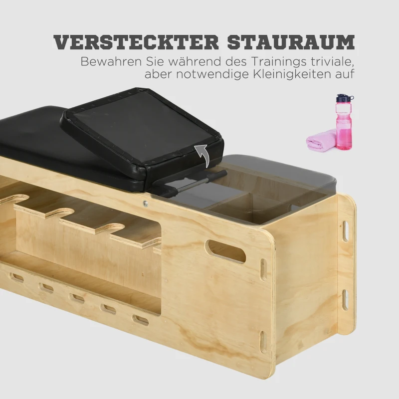 HOMCOM Hantelbank mit Hantelablage, 1 Aufbewahrungskorb, in 6 Positionen verstellbar, Massivholz, Natur + Schwarz