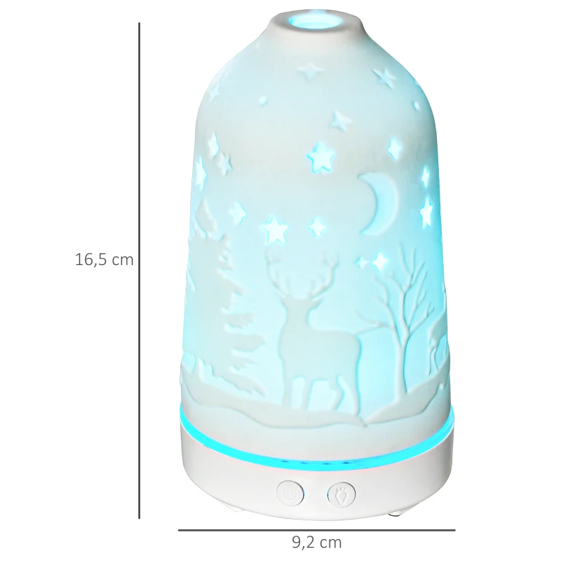 HOMCOM Elektrische Aroma-Diffusor für ätherische Öle 7 Farben LED 2 Sprühnebel-Modi automatische Abschaltung Keramischer Deckel mit floralem Muster elegant 100ml Keramik ABS Weiß Ø9,2x16,5 cm