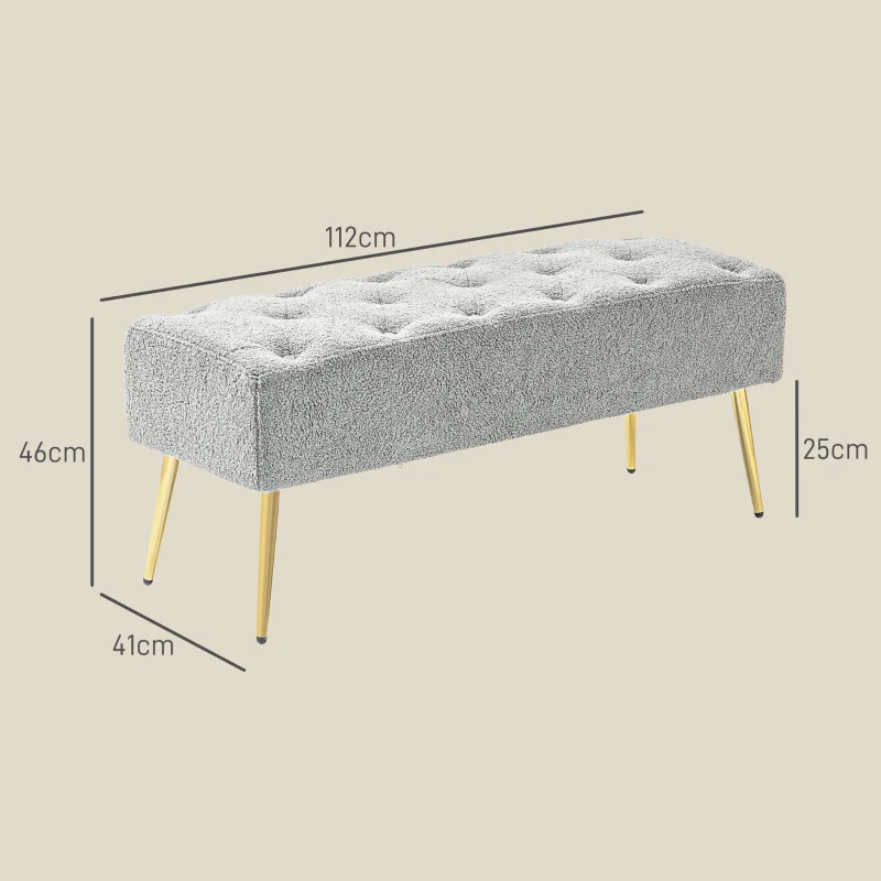 HOMCOM Ławka Tapicerowana, miękki pokrycie w stylu wełny owczej, do 120 kg, pozłacane nogi stalowe, 112x41x46cm, Szary