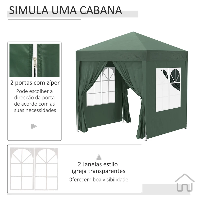 Outsunny Tenda Dobrável 2x2 m Tenda de Jardim com 4 Paredes Laterais Tecido Oxford 2 Portas 2 Janelas e Bolsa de Transporte para Exterior Terraço Campismo Festas Verde