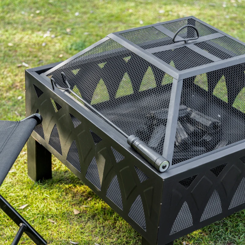 Outsunny Brasero cheminée Foyer extérieur dim. 66L x 66l x 58H cm Couvercle tisonnier métal Noir