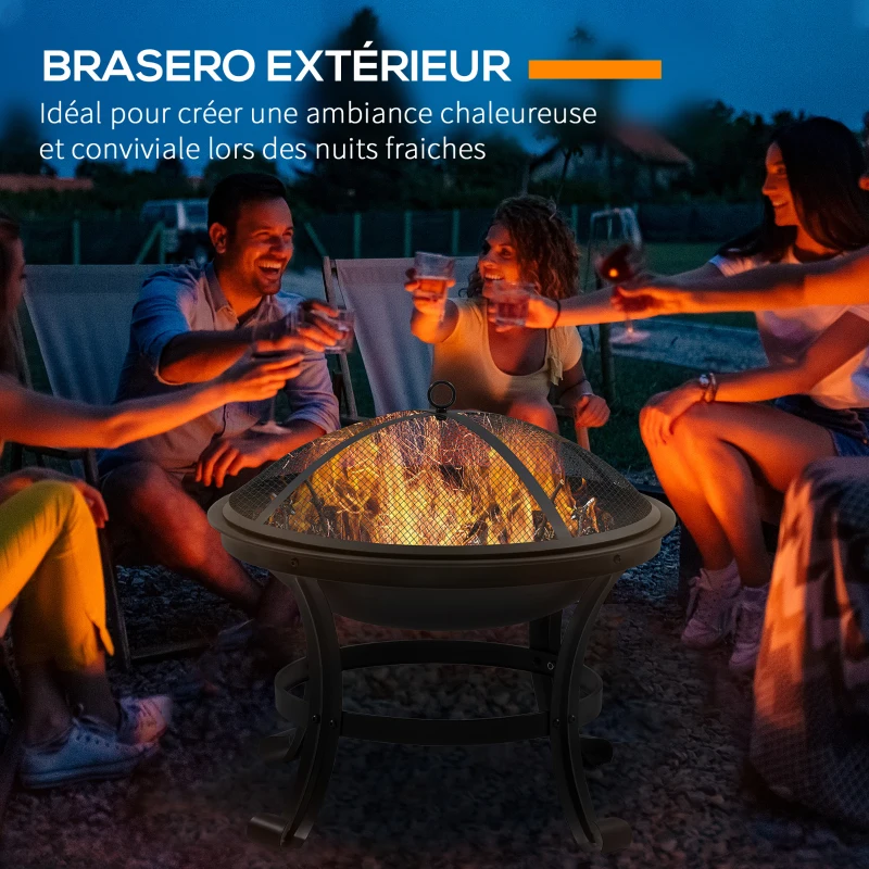 Outsunny Brasero cheminée Foyer extérieur Rond avec Pare-étincelles, tisonnier métal dim. 55L x 55l x 50H cm Noir