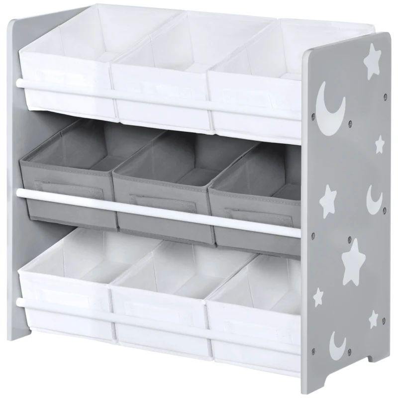 Dulap de Jucarii Zonekiz cu 9 Cosuri Detasabile, Cutie de Depozitare pentru Jucarii din Lemn MDF si Material Textil