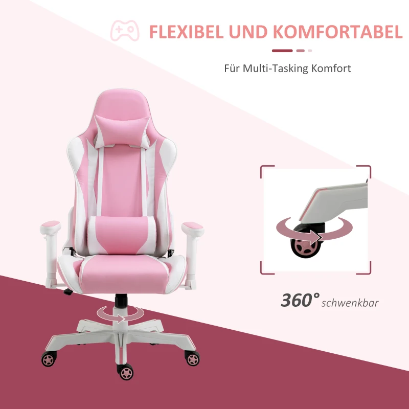 Vinsetto Gamingstuhl mit Kopfstütze Lendenkissen Bürostuhl höhenverstellbar Schaumstoff Kunstleder Nylon Rosa+Weiß 71 x 73 x 128-138 cm