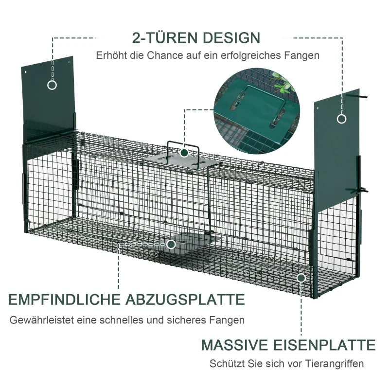 PawHut dierenval marterval vangval voor konijnen kattenval rat 2 ingangen handvat metaal donkergroen 100 L x 25 B x 28 H cm