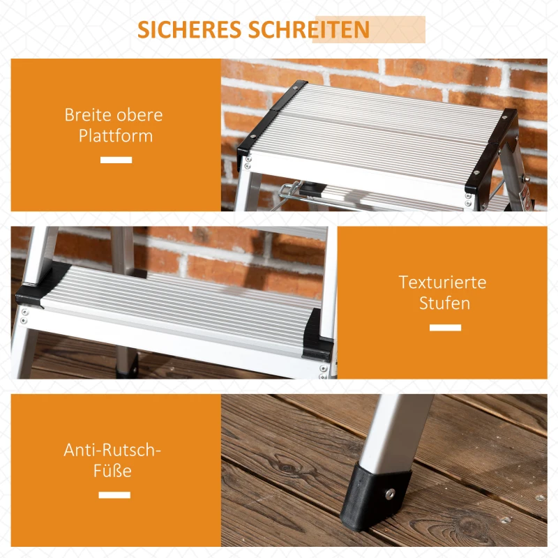 DURHAND Trittleiter Klapptritt, klappbar, breite Sprossen, rutschfest, Leichtbau, Aluminium+Stahl, 44 x 62,5 x 60,5cm