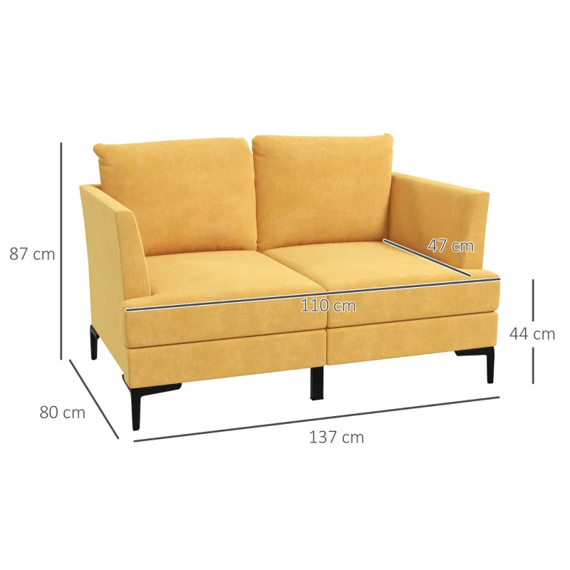 HOMCOM Sofa für 2 Personen, dicke Polsterung, Bezug in Leinenoptik, Stahlbeine, bis 300 kg, gelb, 137 x 79,5 x 71 cm