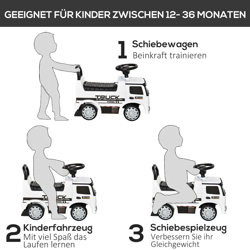 HOMCOM speelgoedauto loopauto babywagen kinderwagen gelicentieerd door Mercedes ANTOS vrachtwagenstijl met licht voor kinderen van 12 tot 36 maanden metaal PP plastic wit + zwart 62.5x28.5x45cm