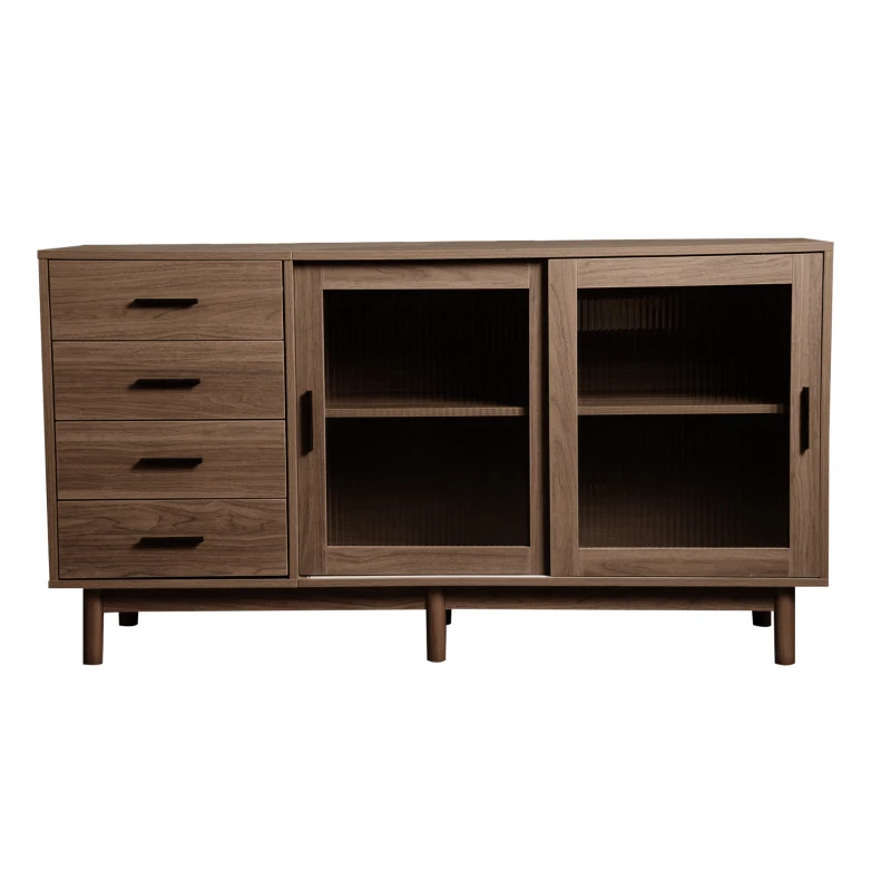 Credenza multiuso in Noce con Vetrina in Vetro, 4 Cassetti e 2 Ante in Vetro, Marrone