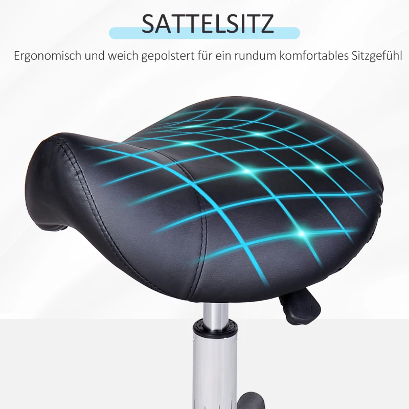 HOMCOM Rollende kruk, zadelvormige zitting, in hoogte verstelbaar, 360° draaibaar, kunstleer, zwart, 35 x 38 x 45-57 cm