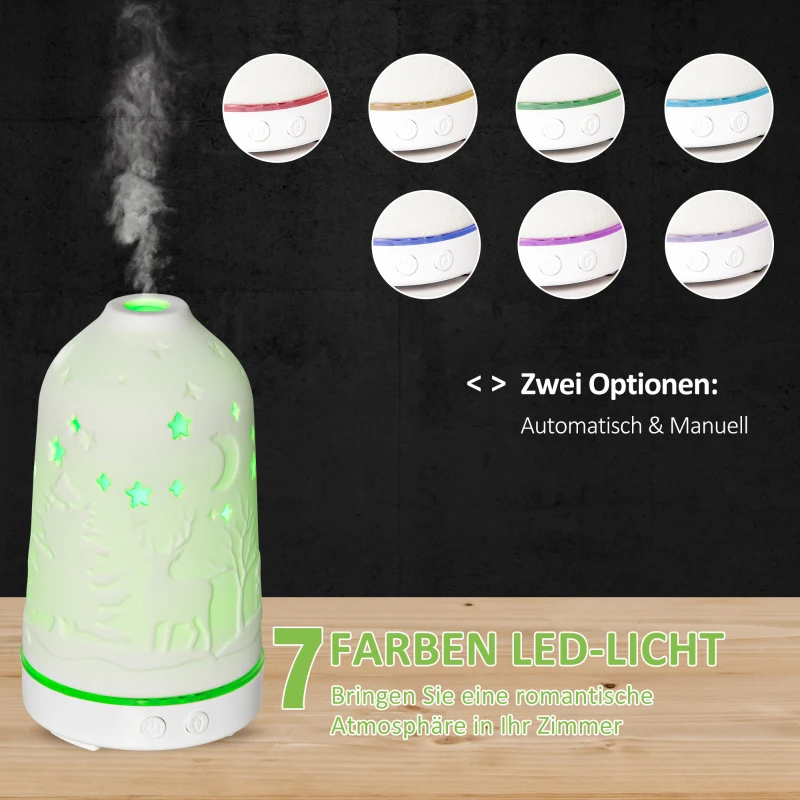 HOMCOM Elektrische Aroma-Diffusor für ätherische Öle 7 Farben LED 2 Sprühnebel-Modi automatische Abschaltung Keramischer Deckel mit floralem Muster elegant 100ml Keramik ABS Weiß Ø9,2x16,5 cm