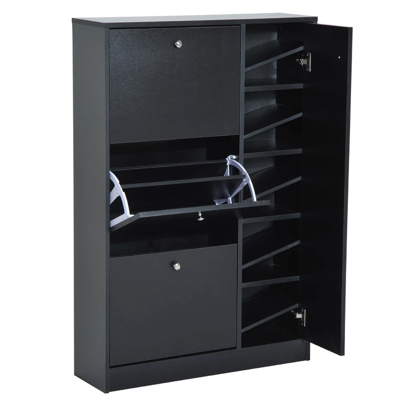 HOMCOM Schuhschrank Schuhkipper Schuhständer Schuhregal mit 3 Klappe und Anti-Rückwärts-Zugbügel 22-28 Paar 80x24x120cm Schwarz