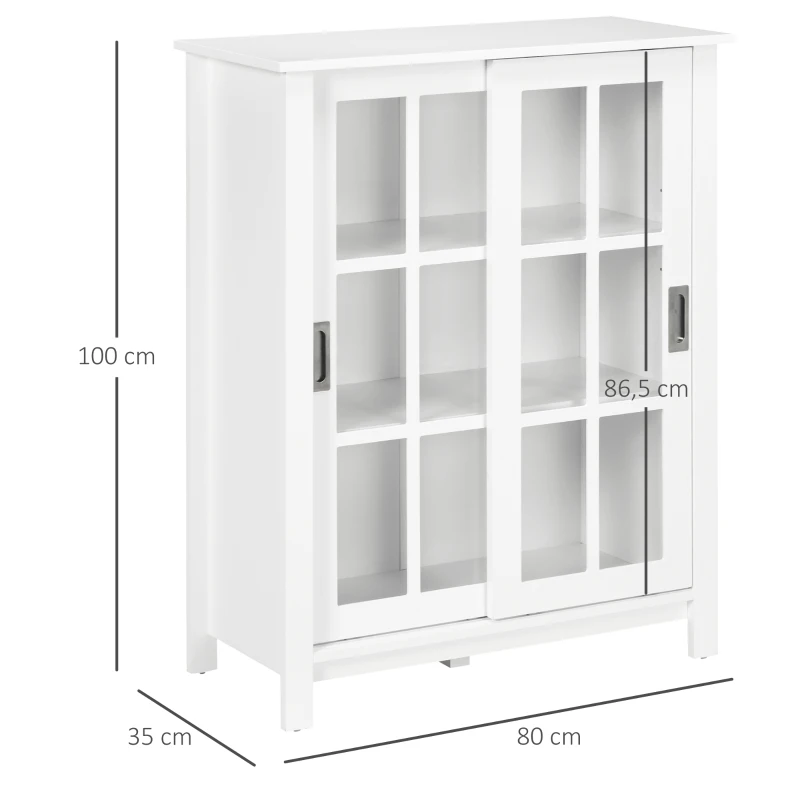 HOMCOM Vitrine mit 3 Regalböden, Sideboard, Flurkonsole, 2 Schiebetüren, Glastüren, Weiß