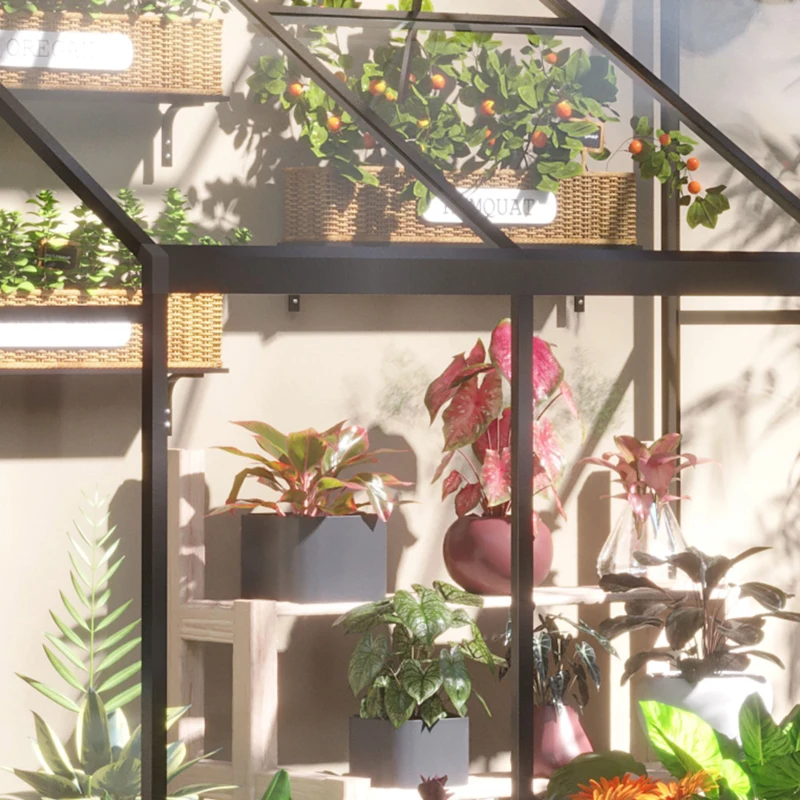 Outsunny Gewächshaus 182 x 122 cm Beistell Gartenhaus mit Verstellbares Dach Verschließbare Treibhaus Tür Aluminiumlegierung Polystyrolplatte Transparent Schwarz