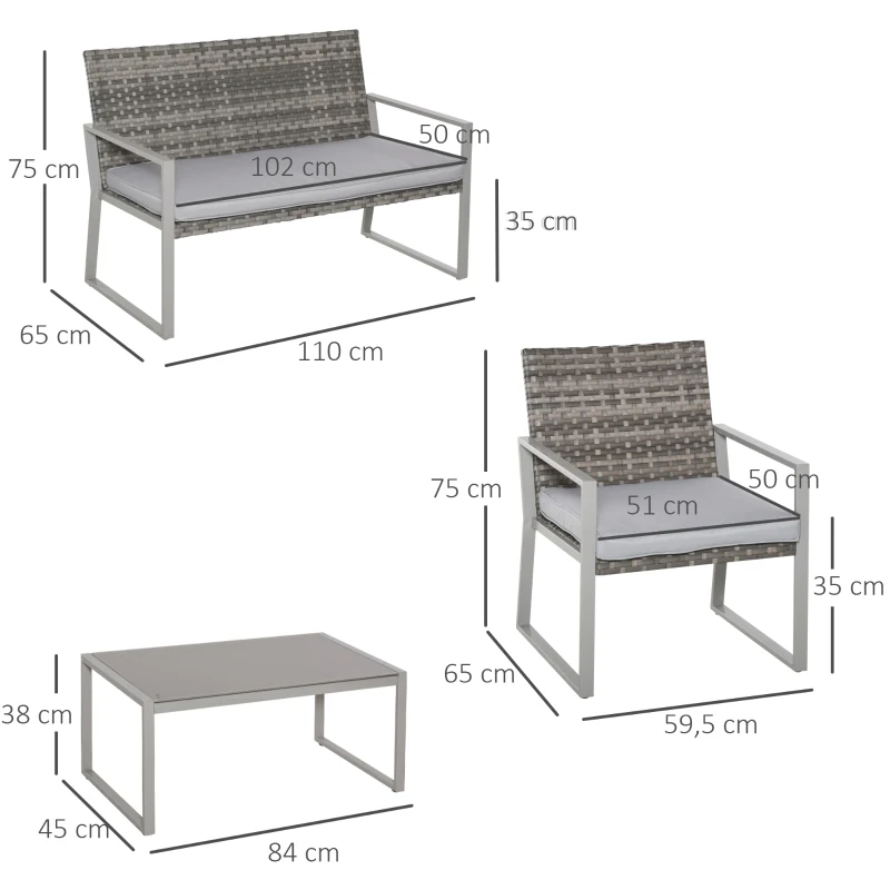 Outsunny Vierteiliges Gartenmöbel Set, Sitzgruppe, Sitzgarnitur, Sofa mit Sitzkissen, Kaffeetisch, Stahl, PE-Rattan, Grau