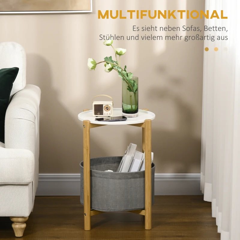 HOMCOM Beistelltisch mit abnehmbarem Tablett, 1 Aufbewahrungskorb, Bambus, 45 cm x 45 cm x 54 cm, Weiß + Natur + Grau