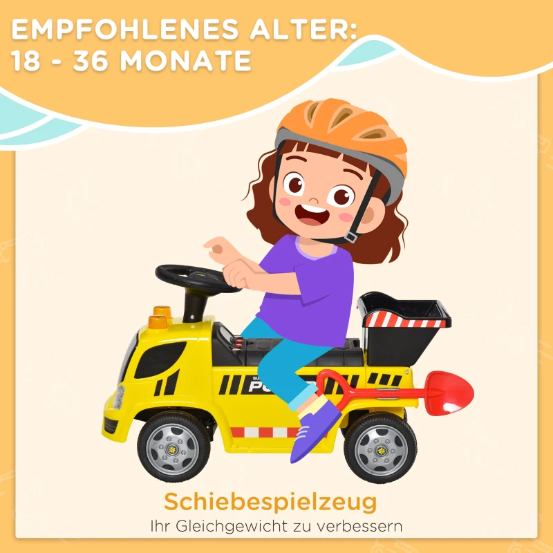 HOMCOM zittende graafmachine voor Kinderen zitvoertuig met kiepbak en schop voet zitauto onder stoel opslag voor baby 18-36 maanden metaal PP plastic geel 72 x 28,2 x 42 cm