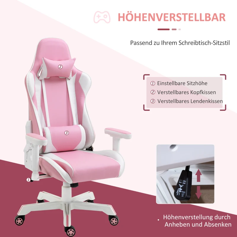 Vinsetto Gamingstuhl mit Kopfstütze Lendenkissen Bürostuhl höhenverstellbar Schaumstoff Kunstleder Nylon Rosa+Weiß 71 x 73 x 128-138 cm