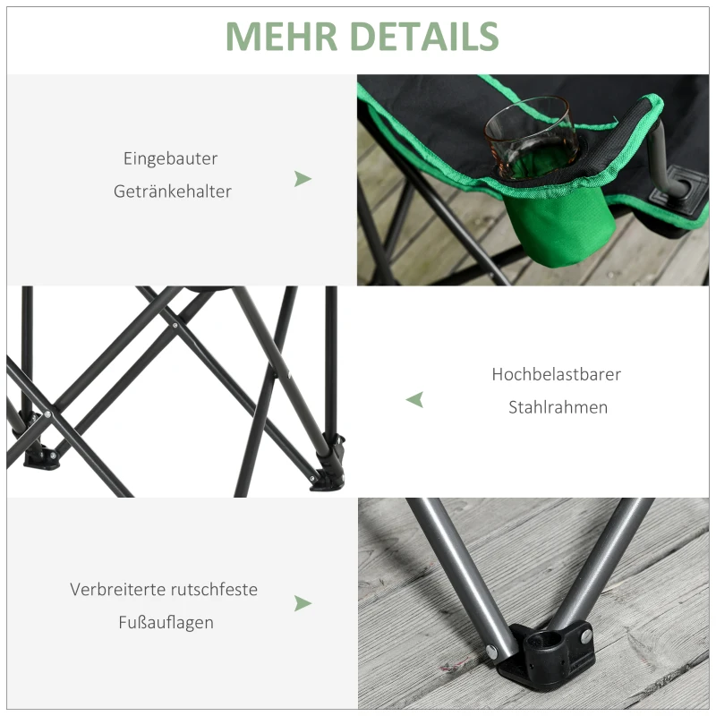 Outsunny Campingstuhl Klappstuhl Anglerstuhl Höhenverstellbar mit Getränkehalter faltbar inkl Tragetasche Regiestuhl bis 136 kg belastbar Schwarz+Grün 75,5 x 88 x 101-104 cm