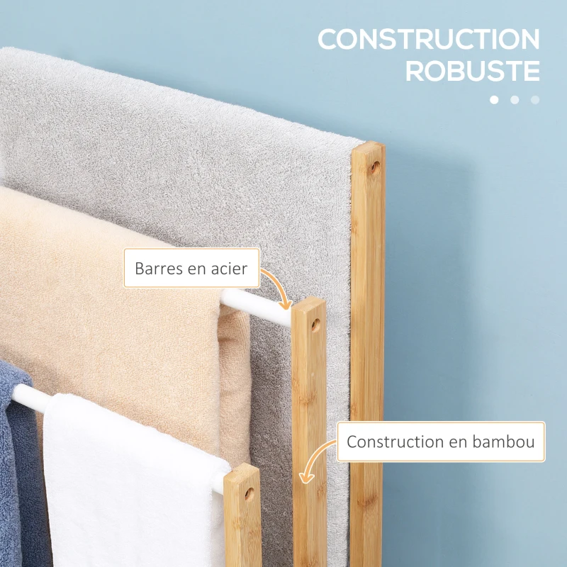 HOMCOM Porte-serviettes en bambou sur pieds avec 3 barres support pour serviette étagère de salle de bain - 48 x 25,8 x 94 cm