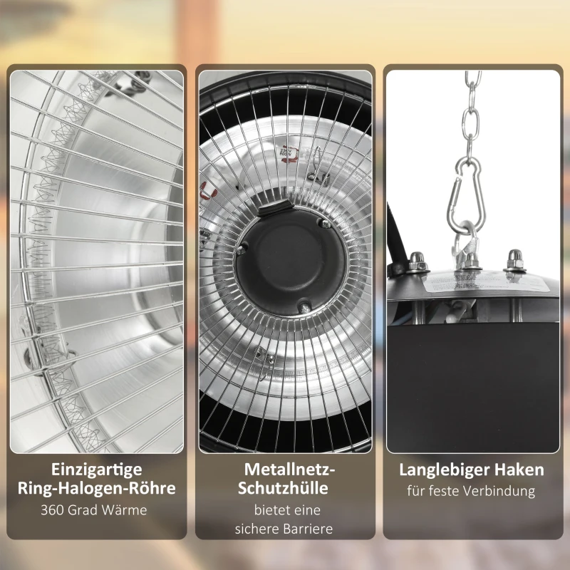 Outsunny Deckenheizstrahler Heizstrahler 600W mit Ketten elektrisch Terrassen Alu Schwarz Φ25,5 x H21,2cm