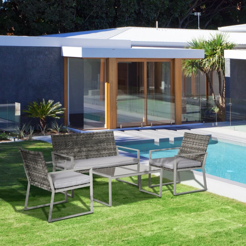 Outsunny Vierteiliges Gartenmöbel Set, Sitzgruppe, Sitzgarnitur, Sofa mit Sitzkissen, Kaffeetisch, Stahl, PE-Rattan, Grau