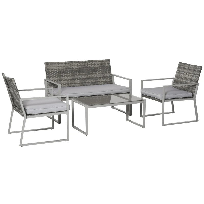 Outsunny Vierteiliges Gartenmöbel Set, Sitzgruppe, Sitzgarnitur, Sofa mit Sitzkissen, Kaffeetisch, Stahl, PE-Rattan, Grau