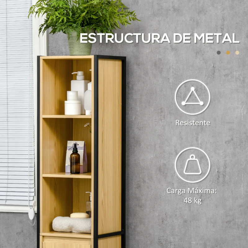 kleankin  Columna de Baño con 1 Puerta y 3 Estantes Abiertos Mueble Auxiliar de Estilo Industrial 30x28x168 cm Roble