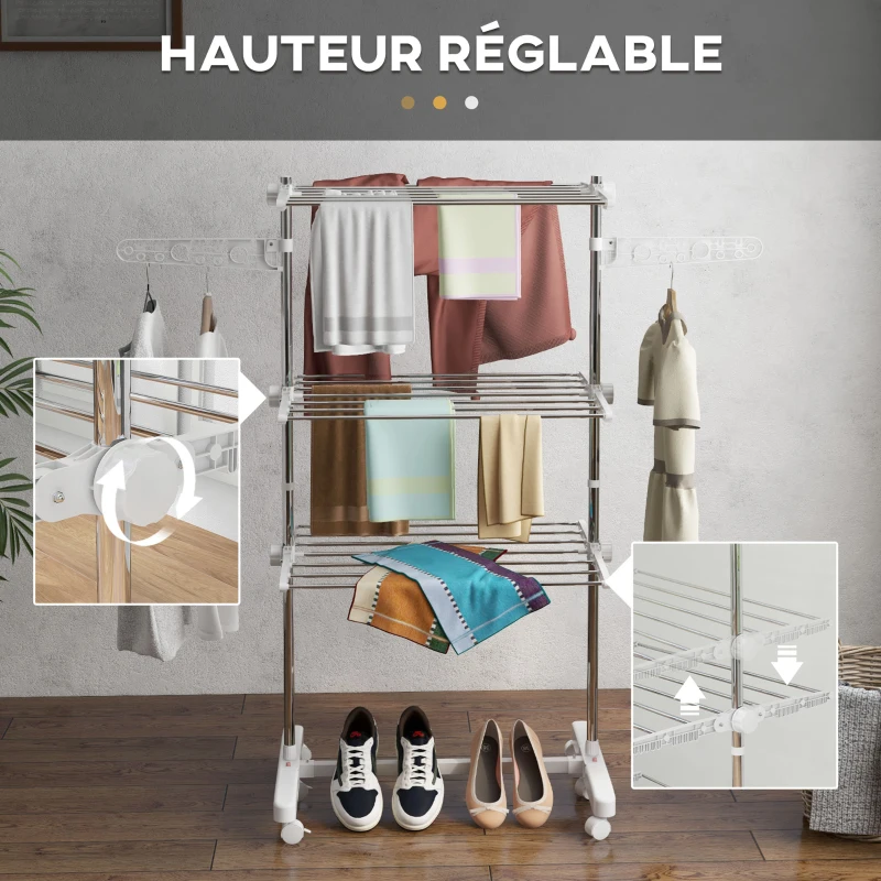 HOMCOM Séchoir à linge étendoir pliable ailes latérales utilisation intérieure et extérieure 142 x 55 x 152 cm 3 niveaux blanc