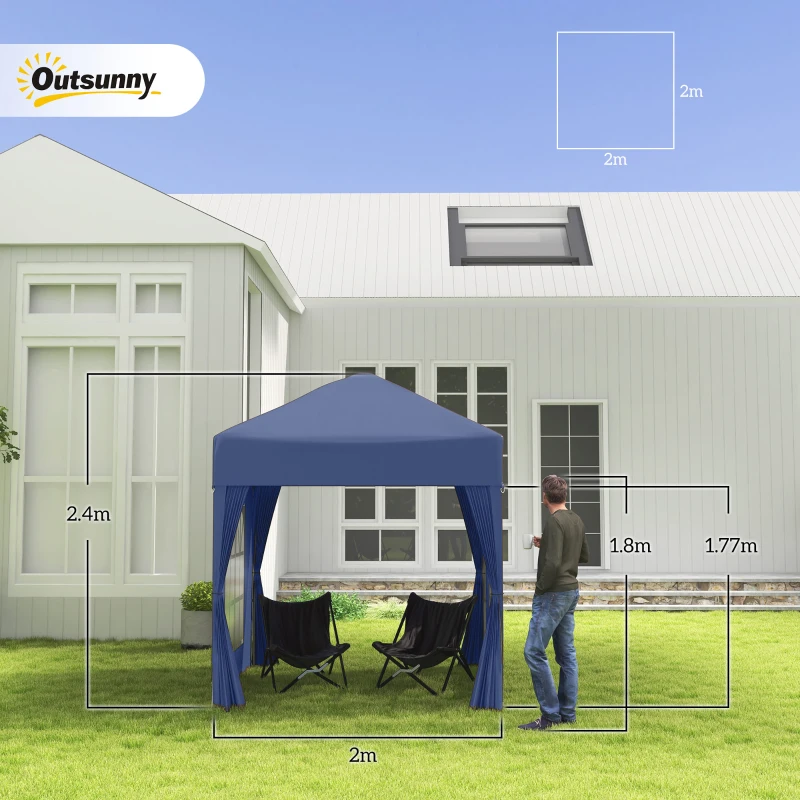 Outsunny 2 x 2 m Garden Pop Up Gazebo, Wedding Party Tent Marquee, Water Resistant Awning Canopy with Sidewalls, Windows, Carry Bag, Blue(m-3)