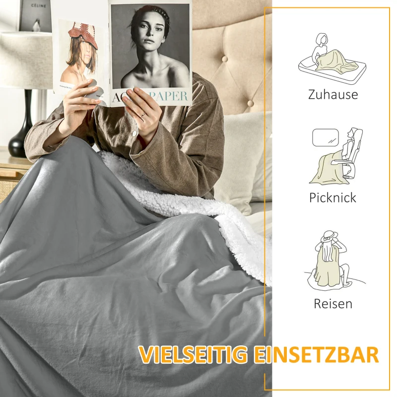 HOMCOM Kuscheldecke 2 x 1,5 m, doppelseitig, leicht & weich, In- und Outdoor, für 2 Personen, grau
