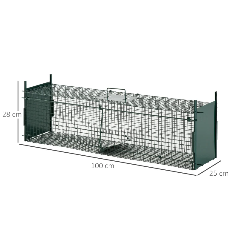 PawHut dierenval marterval vangval voor konijnen kattenval rat 2 ingangen handvat metaal donkergroen 100 L x 25 B x 28 H cm