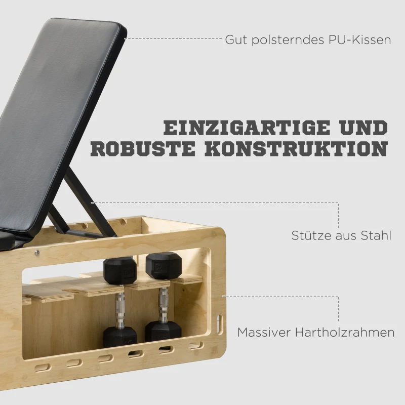 HOMCOM Hantelbank mit Hantelablage, 1 Aufbewahrungskorb, in 6 Positionen verstellbar, Massivholz, Natur + Schwarz