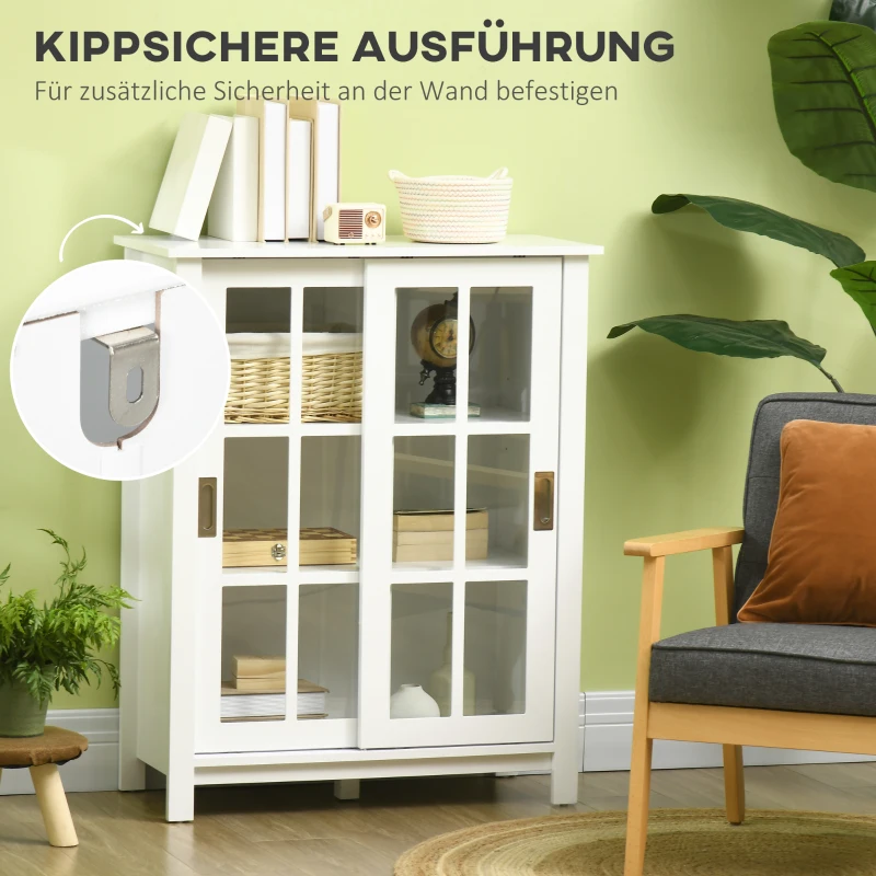 HOMCOM Vitrine mit 3 Regalböden, Sideboard, Flurkonsole, 2 Schiebetüren, Glastüren, Weiß