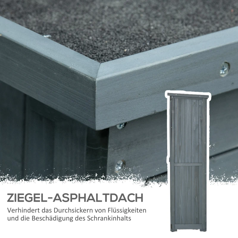 Outsunny Gartenschrank Holz Gerätehaus Geräteschuppen Geräteschrank Holzhütte Pultdach Bitumenpappe Lamellentüren Grau 87 x 46,5 x 160 cm