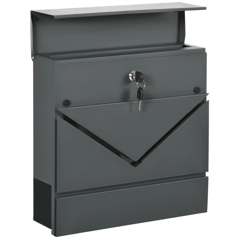 HOMCOM Cutie Postala din Otel Zincat cu Suport Ziare si 2 Chei de Securitate incluse, 37x10.5x37 cm, Gri