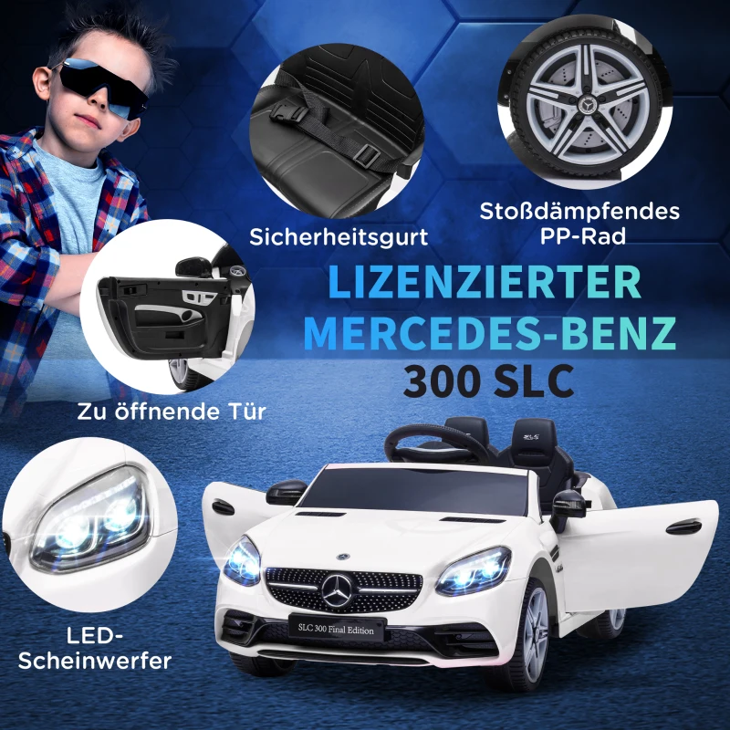 AIYAPLAY Kinder-Elektroauto, mit LED-Scheinwerfern, Sicherheitsgurt, Hupe, Musik, 3 bis 5 km/h, weiß, 107 x 62,5 x 44cm