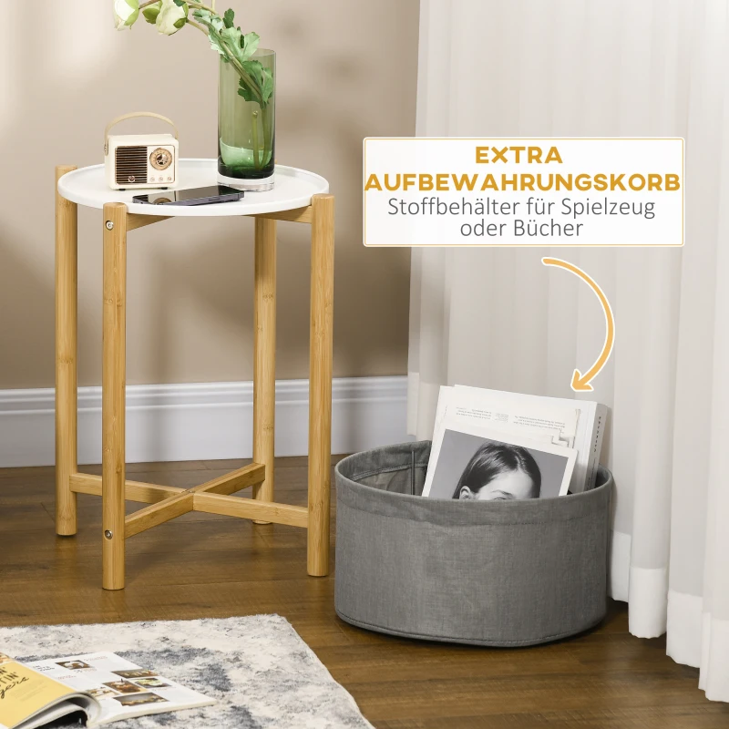 HOMCOM Beistelltisch mit abnehmbarem Tablett, 1 Aufbewahrungskorb, Bambus, 45 cm x 45 cm x 54 cm, Weiß + Natur + Grau