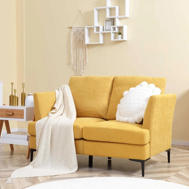 HOMCOM Sofa für 2 Personen, dicke Polsterung, Bezug in Leinenoptik, Stahlbeine, bis 300 kg, gelb, 137 x 79,5 x 71 cm