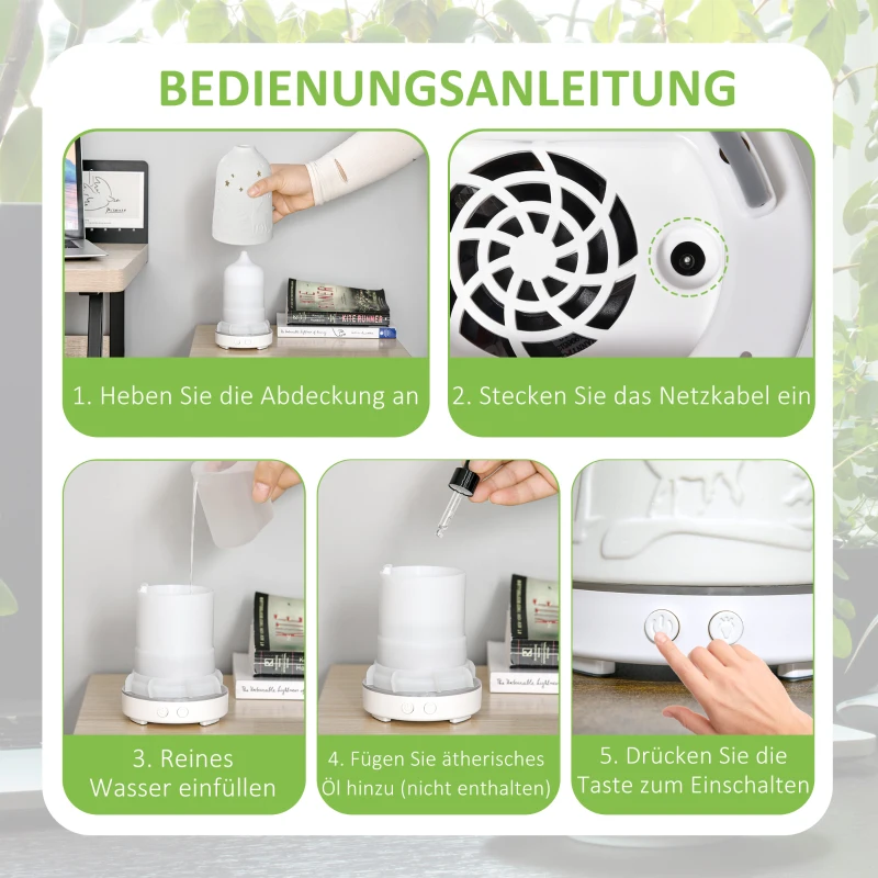 HOMCOM Elektrische Aroma-Diffusor für ätherische Öle 7 Farben LED 2 Sprühnebel-Modi automatische Abschaltung Keramischer Deckel mit floralem Muster elegant 100ml Keramik ABS Weiß Ø9,2x16,5 cm