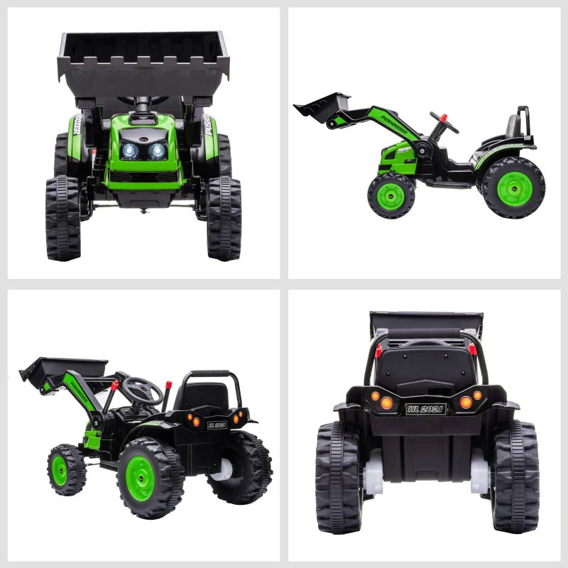 HOMCOM traptractor zittende graafmachine voor kinderen off-road voertuigen 2 instelbare snelheden tot 25 kg belastbaar met muziek schoparmen 3-5 jaar PP kunststof staal groen 132 x 62 x 65 cm
