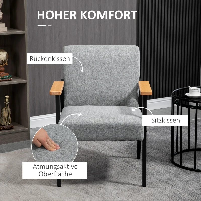 HOMCOM Accentstoel in Scandinavisch ontwerp, Relaxstoel, Accentstoel, Linnenlook, Rubberhout, Grijs + Zwart + Bruin