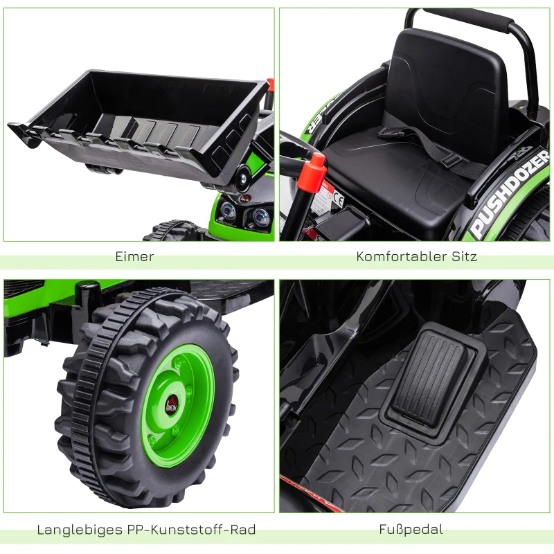 HOMCOM traptractor zittende graafmachine voor kinderen off-road voertuigen 2 instelbare snelheden tot 25 kg belastbaar met muziek schoparmen 3-5 jaar PP kunststof staal groen 132 x 62 x 65 cm