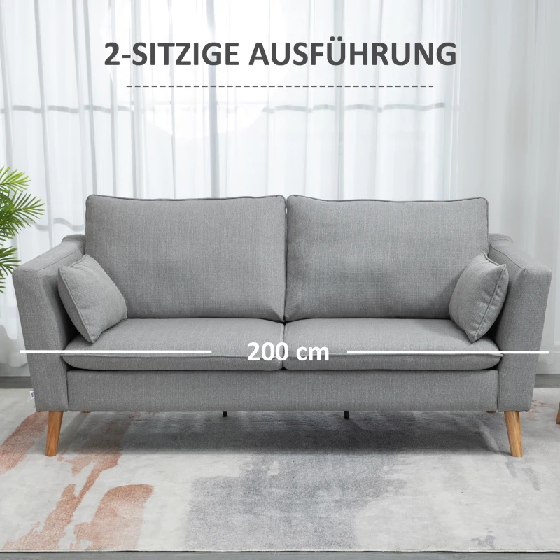 HOMCOM 2-er Sofa, 2-Sitzer, kleines Sofa, Retrodesign, 2 Kissen, Kautschukholz, Grau+ Natur